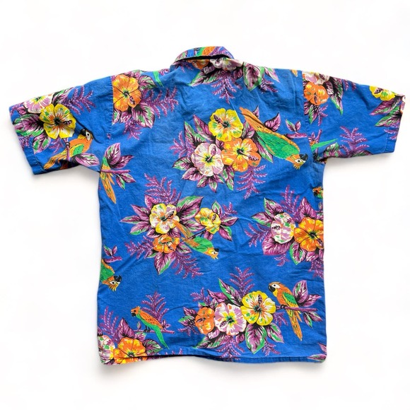 Vintage Hawaiian Shirt USA Made Birds Parrot Tropical Floral Blue Short Sleeve S - Picture 3 of 10